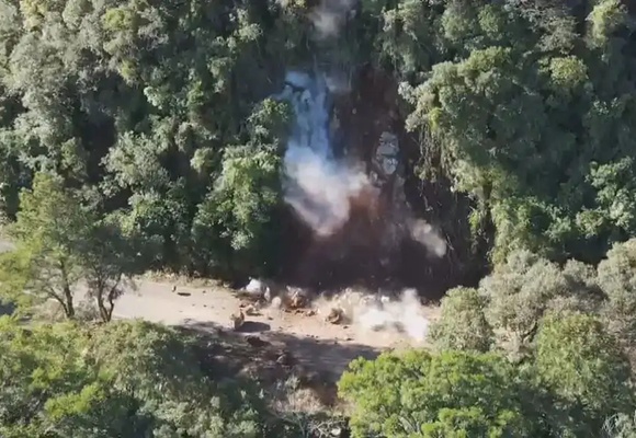 Rompex is used in a rock blasting operation on a hillside in the Serra region of Rio Grande do Sul.